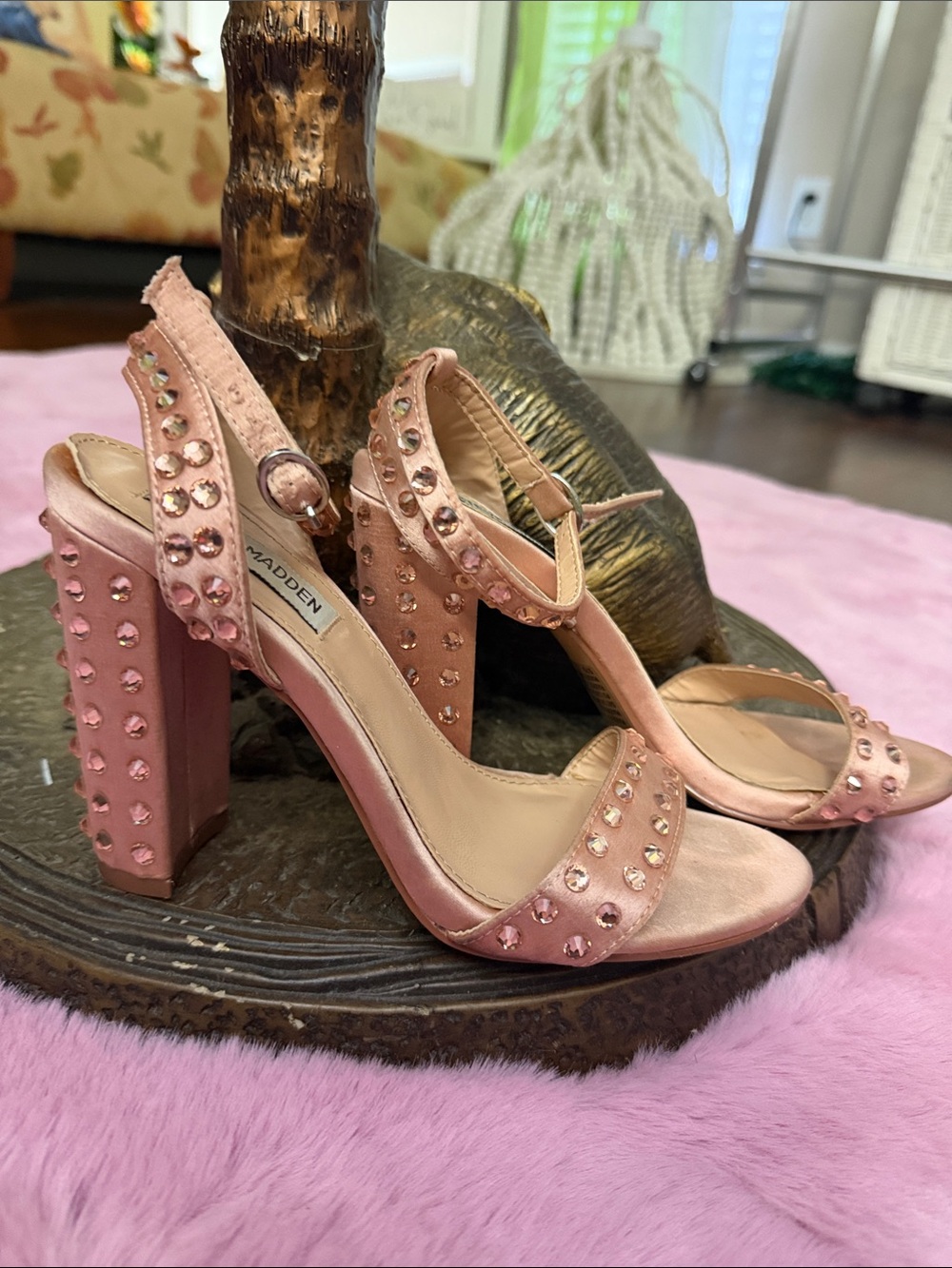 Women's Studded Ankle-Strap Sandals in Rose Gold